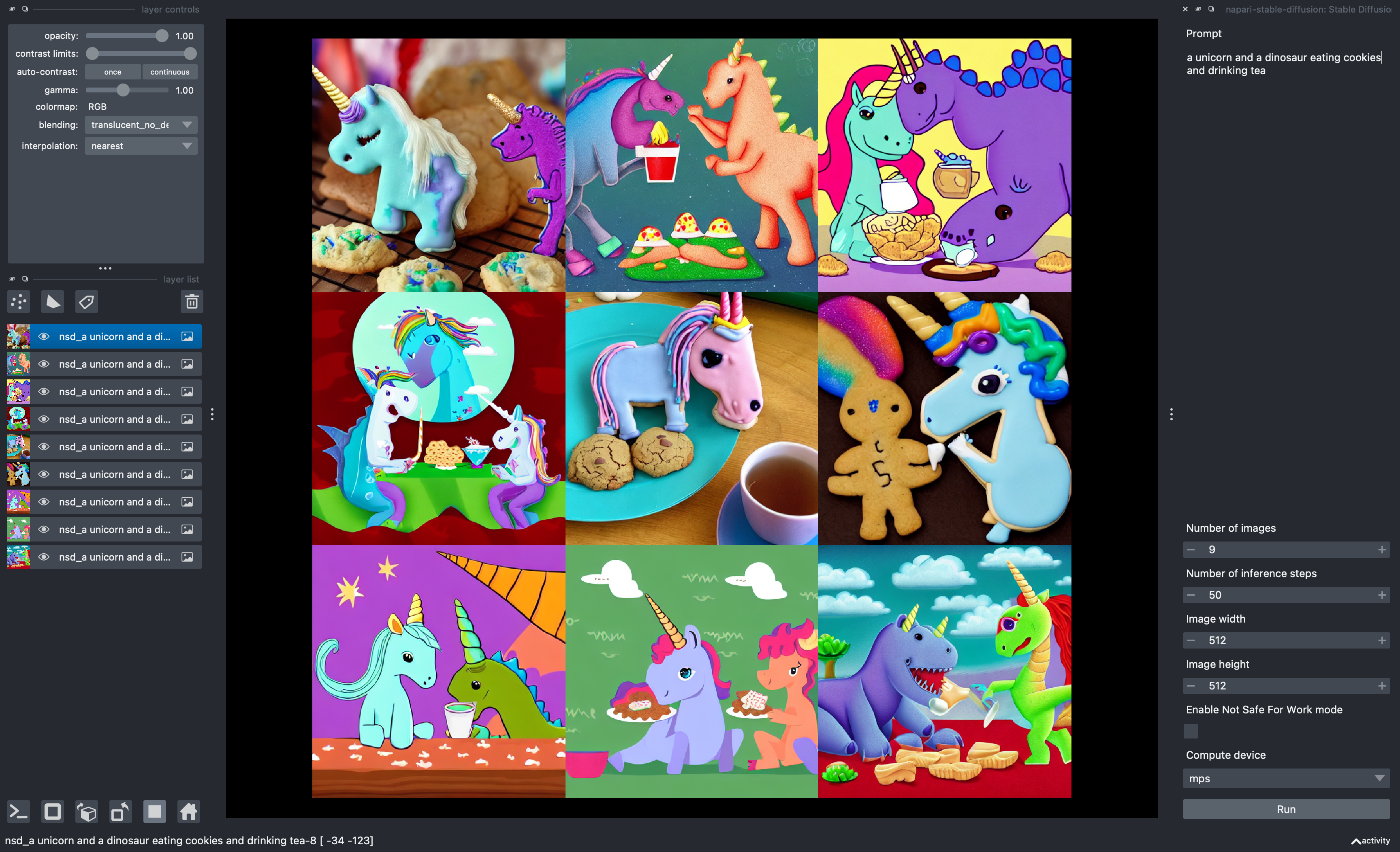 demo image of napari-stable-diffusion of the prompt "a unicorn and a dinosaur eating cookies and drinking tea"