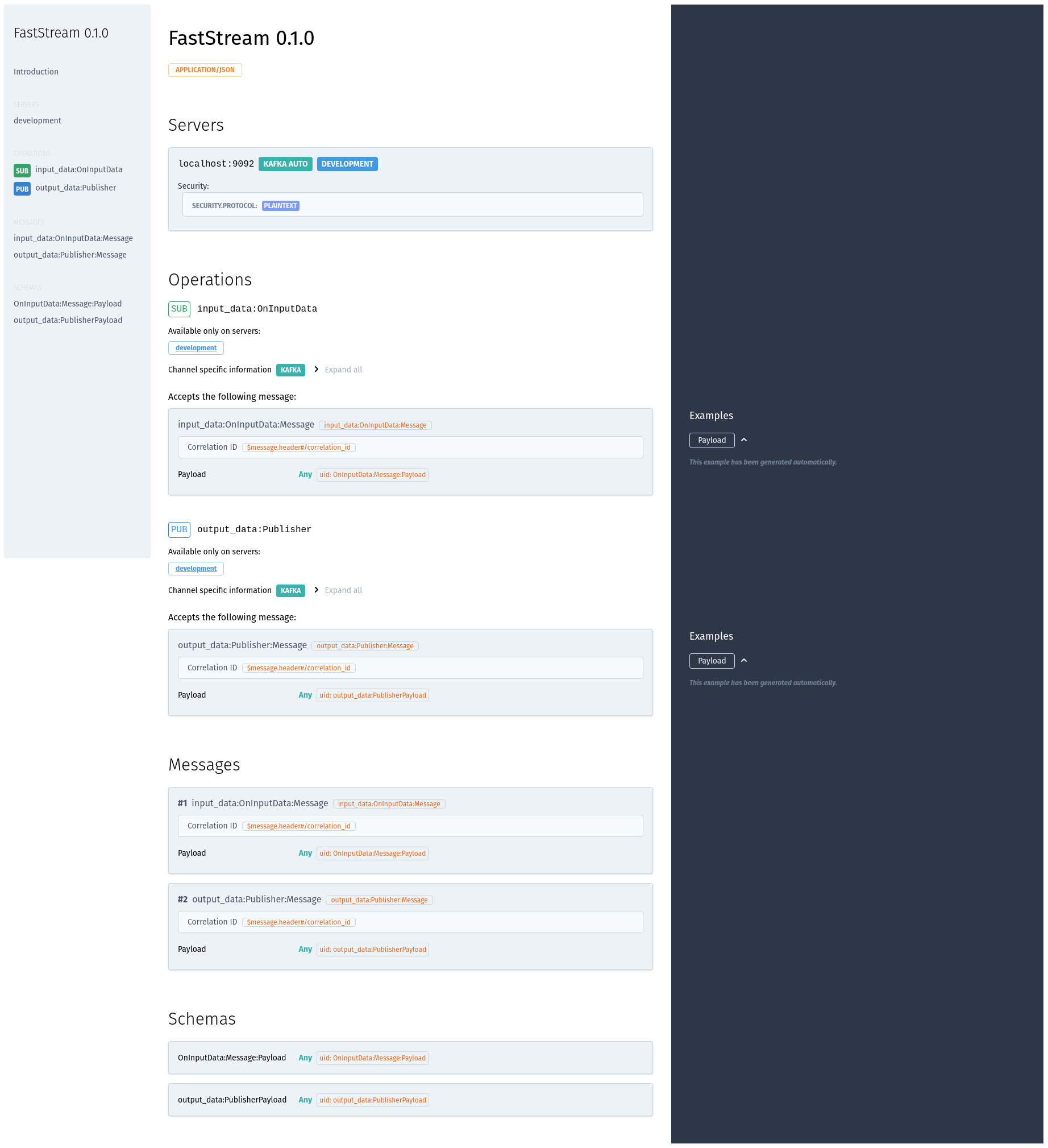 AsyncAPI HTML documentation that FastStream generated for a Kafka subscriber and publisher