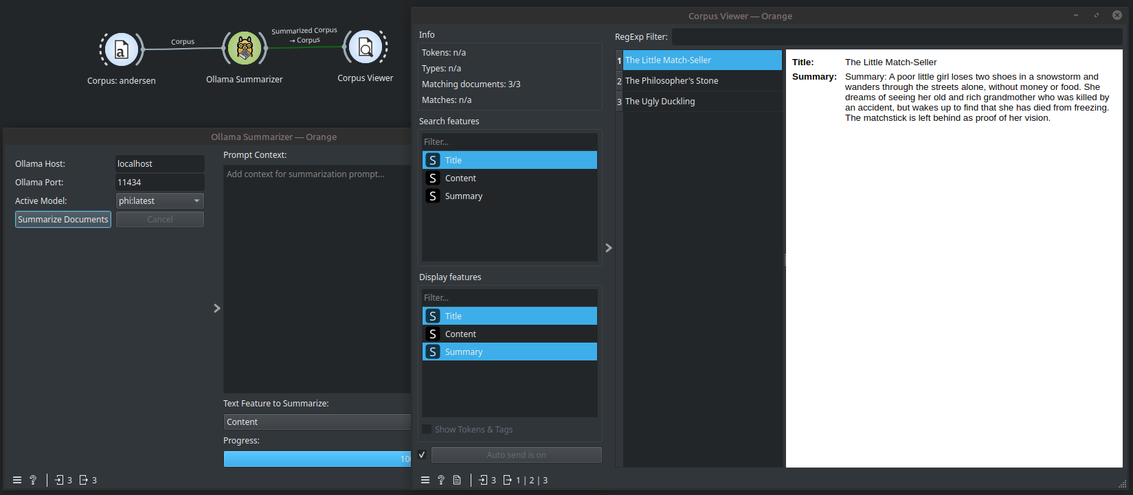 Example Orange3 workflow using the Ollama Summarizer widget to generate a short summary of stories from the Andersen text corpus.