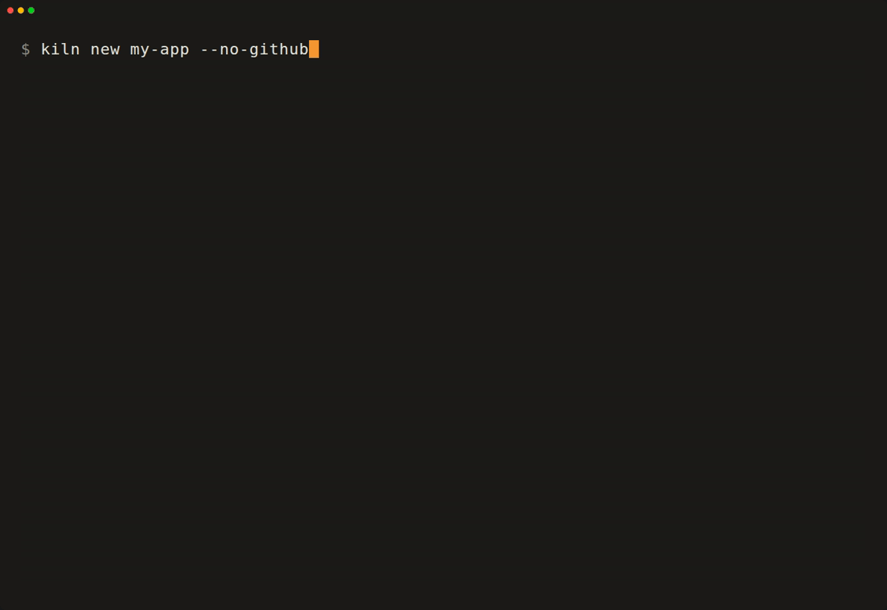 kiln new my-app asks three questions (what you build, how big, the team's language), creates a Django and Nuxt app with its first commit, then kiln check passes ruff, mypy, pytest, ESLint, the type checks and charter