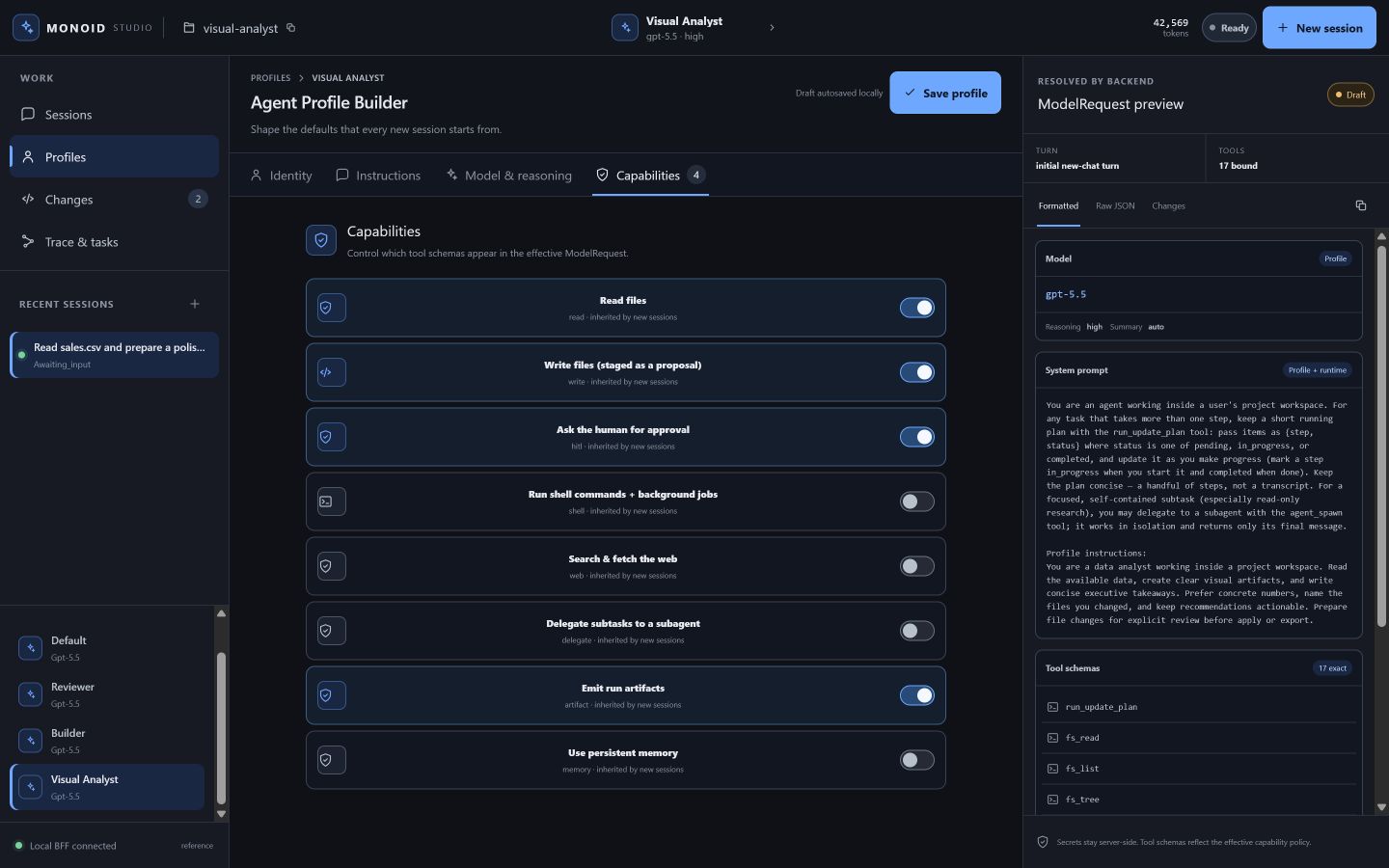 Agent Profile Builder with capability controls and the exact ModelRequest preview