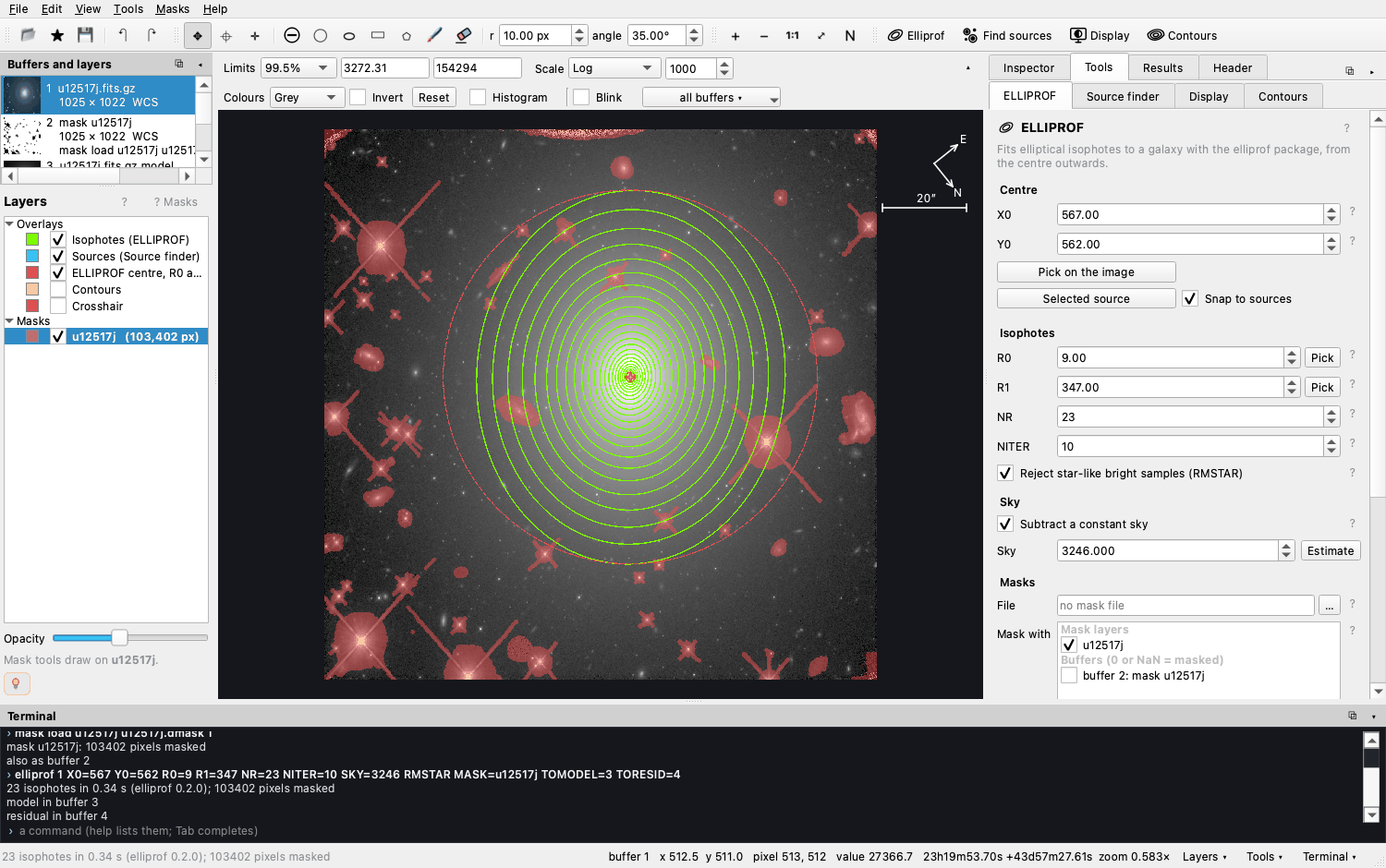 AstroVista Lite with the UGC 12517 example: the isophotes fitted, the found sources masked