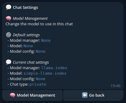 Answer expected when navigating to the `Chat Settings/Model Management` section after choosing the `llama-index | simple-llama-index` model