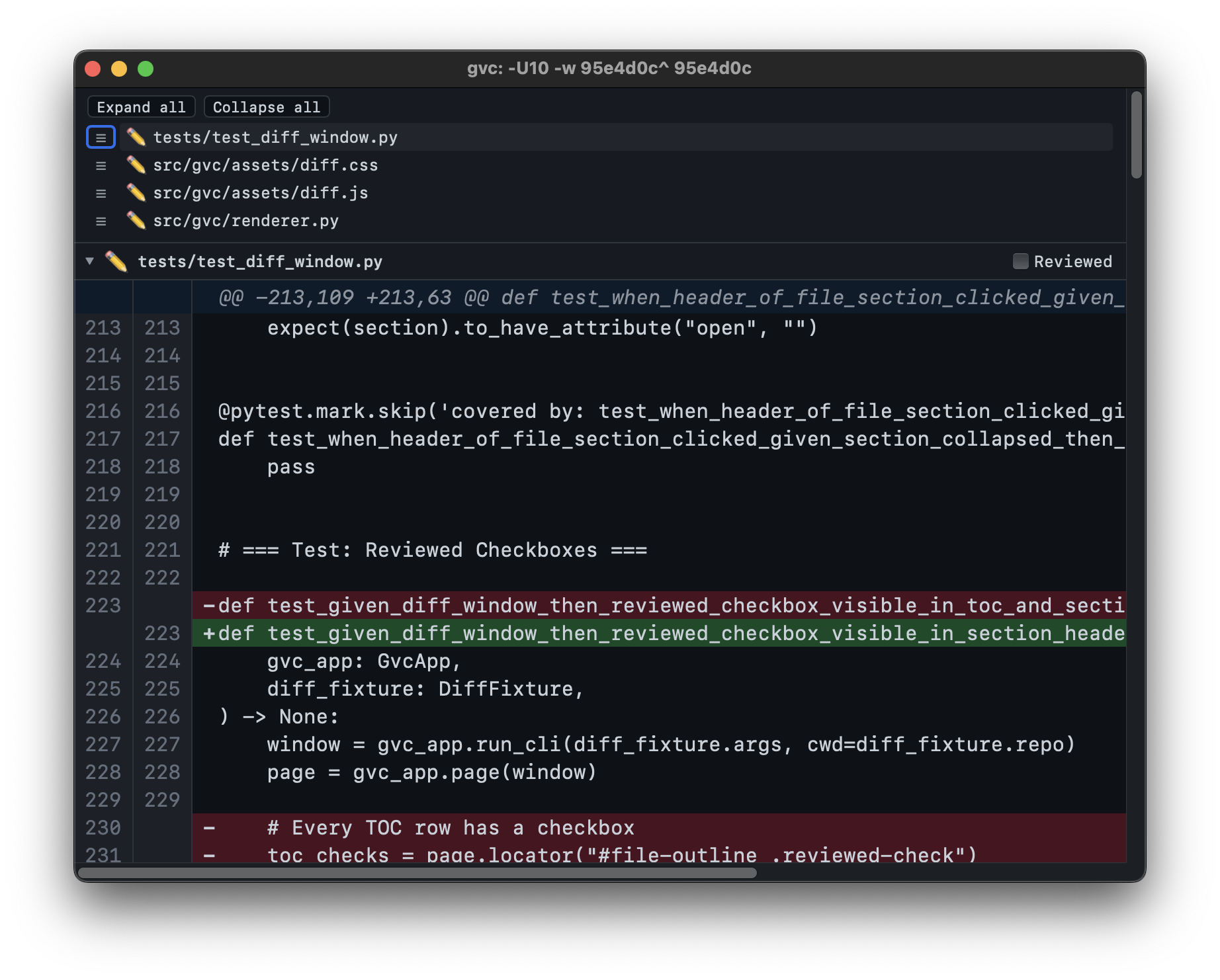 Screenshot of gvc, showing a diff in dark mode