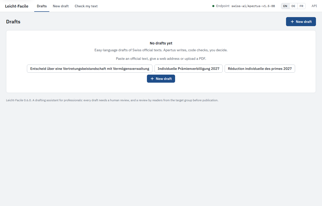 The start page before the first draft: the three example letters and New draft