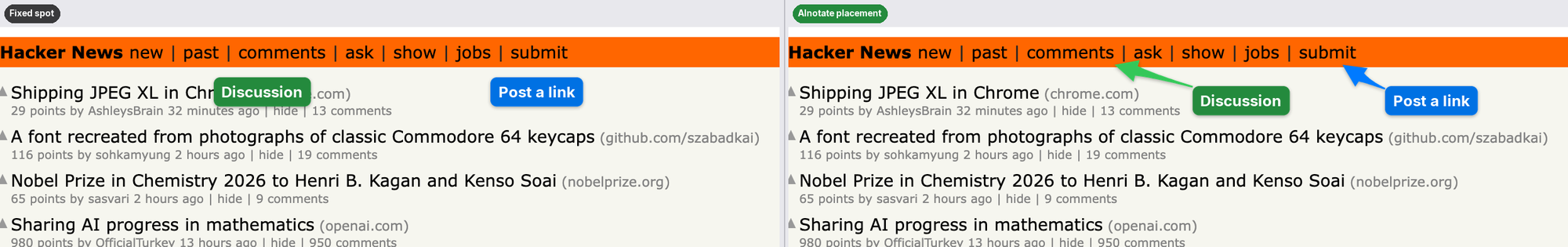 Left: labels at a fixed spot under each link cover the first headline. Right: AInotate puts the same labels in free space and points at the links with arrows