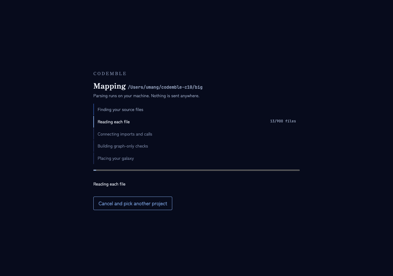 Codemble's staged loading screen mapping a large project, with five named stages — finding source files, reading each file, connecting imports and calls, building graph-only checks, placing your galaxy — a live count reading 13 of 900 files, and a cancel button