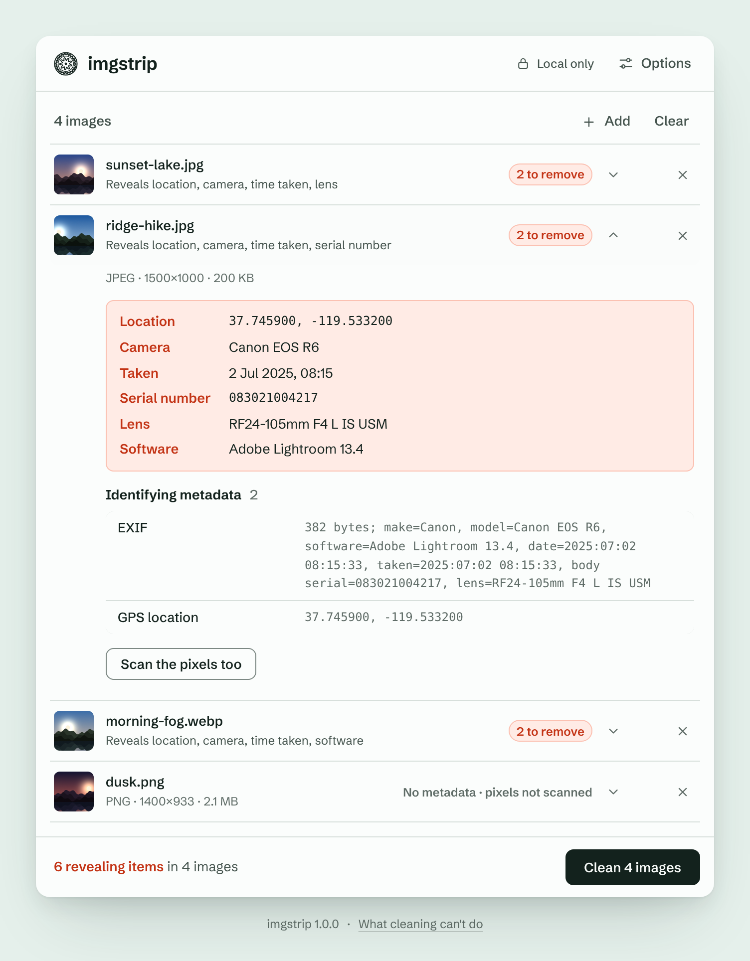 The imgstrip web app after four photos were dropped on it. One row is open and lists what that photo reveals: GPS location, camera model, time taken, body serial number, lens and editing software. A button at the bottom reads Clean 4 images.