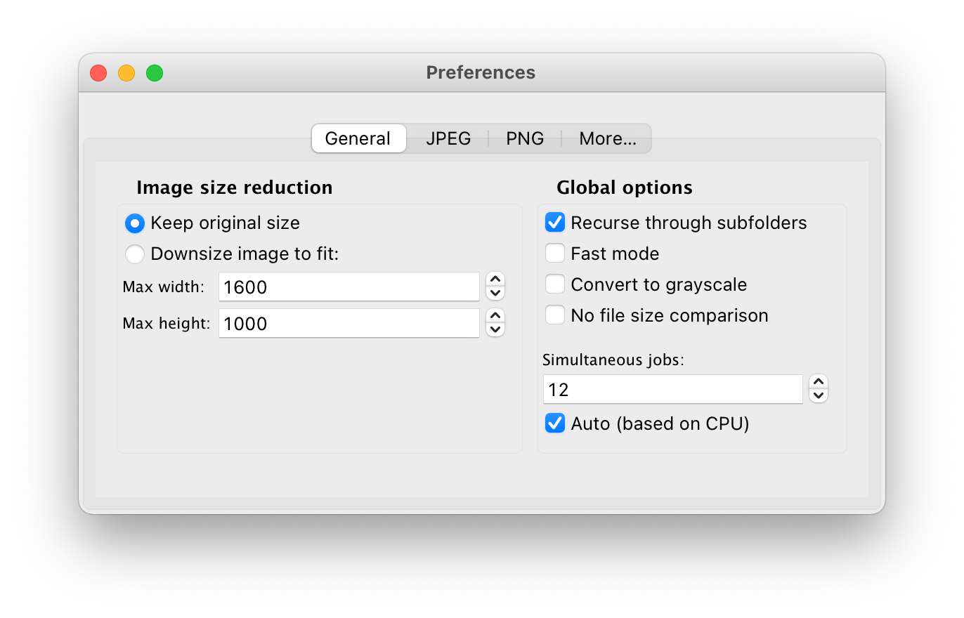 Optimize Images X - Preferences Window: General