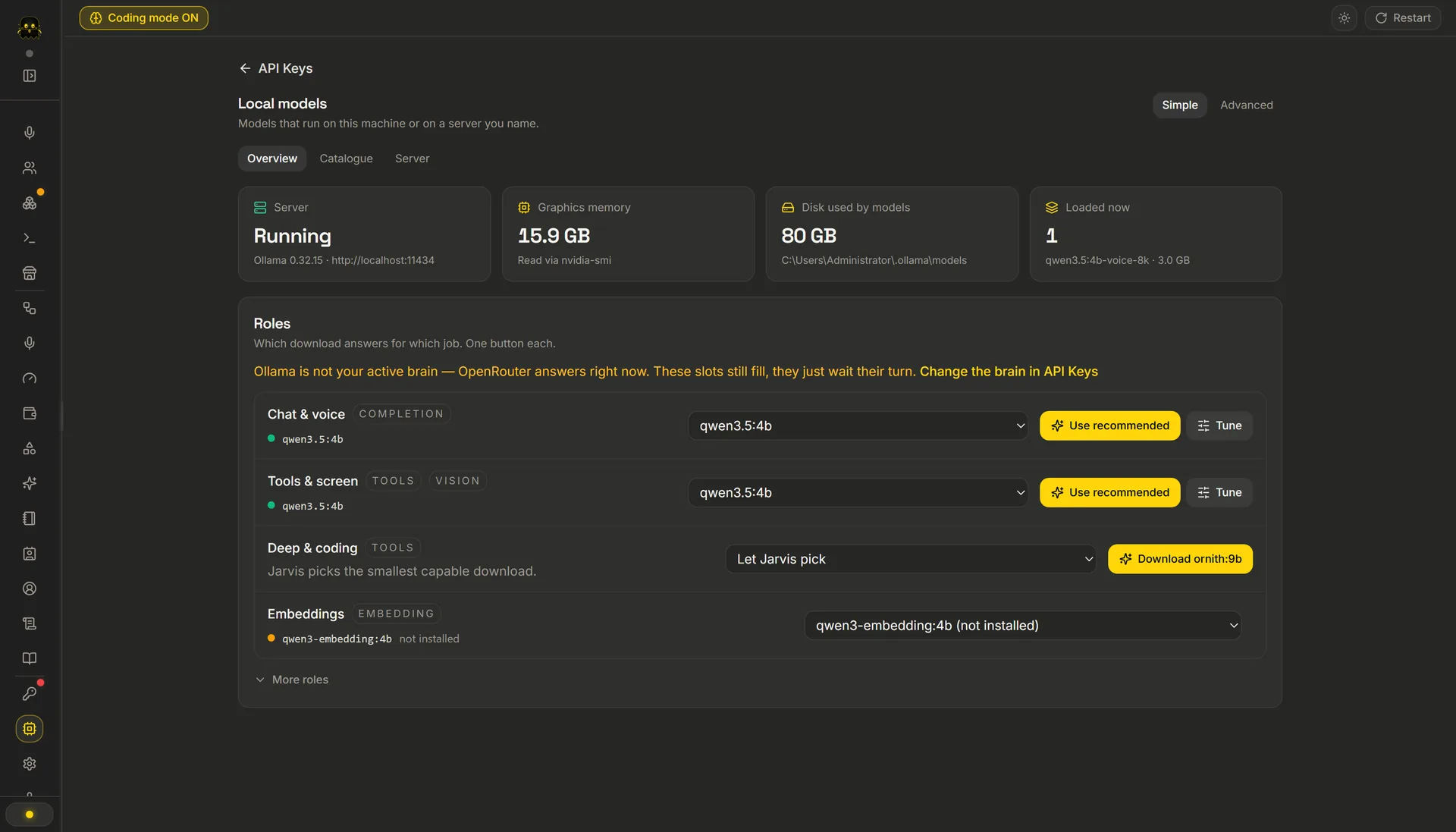 The Local models section: the running server, available graphics memory, and one recommended download per job