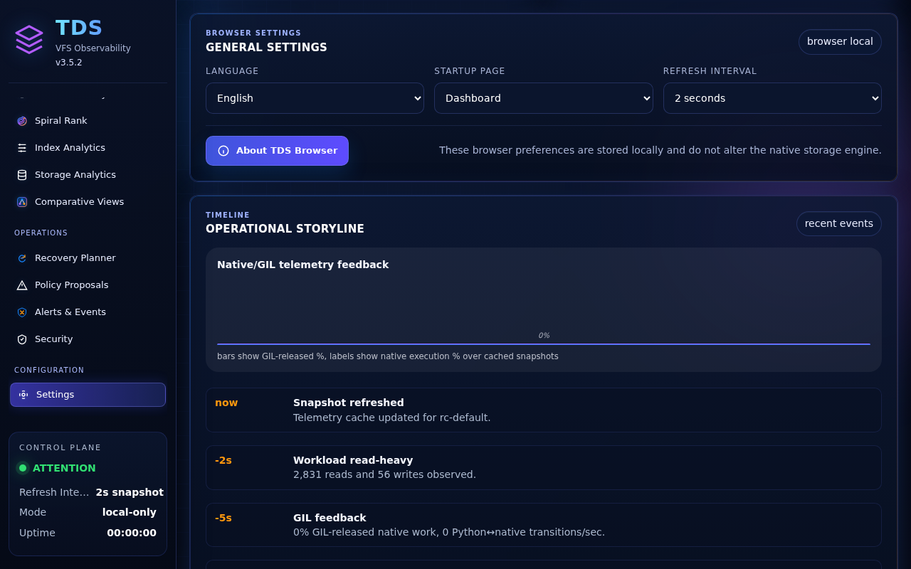 Staqtapp-TDS Browser page 19, Settings, selected in the navigation
