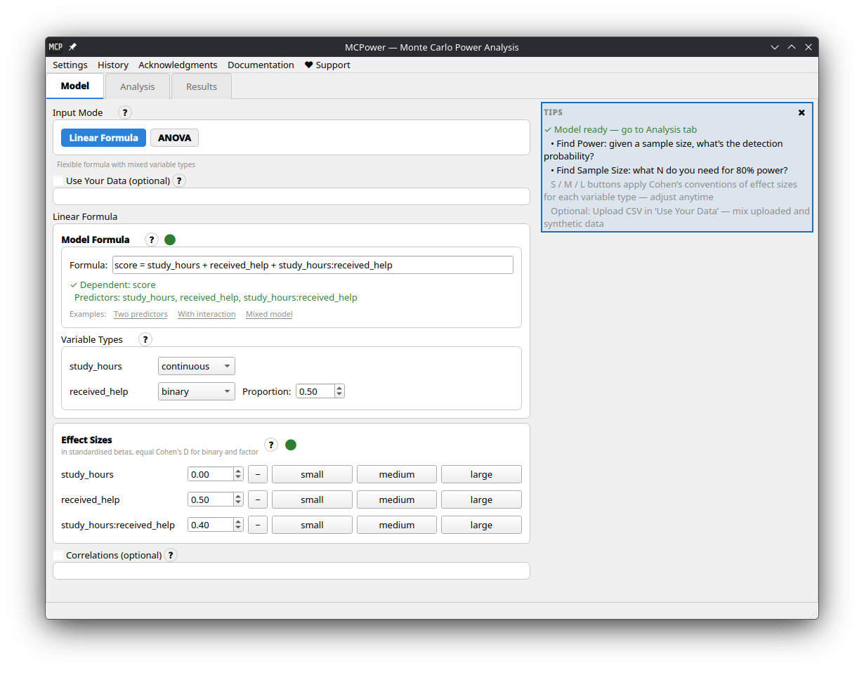 MCPower GUI — model setup