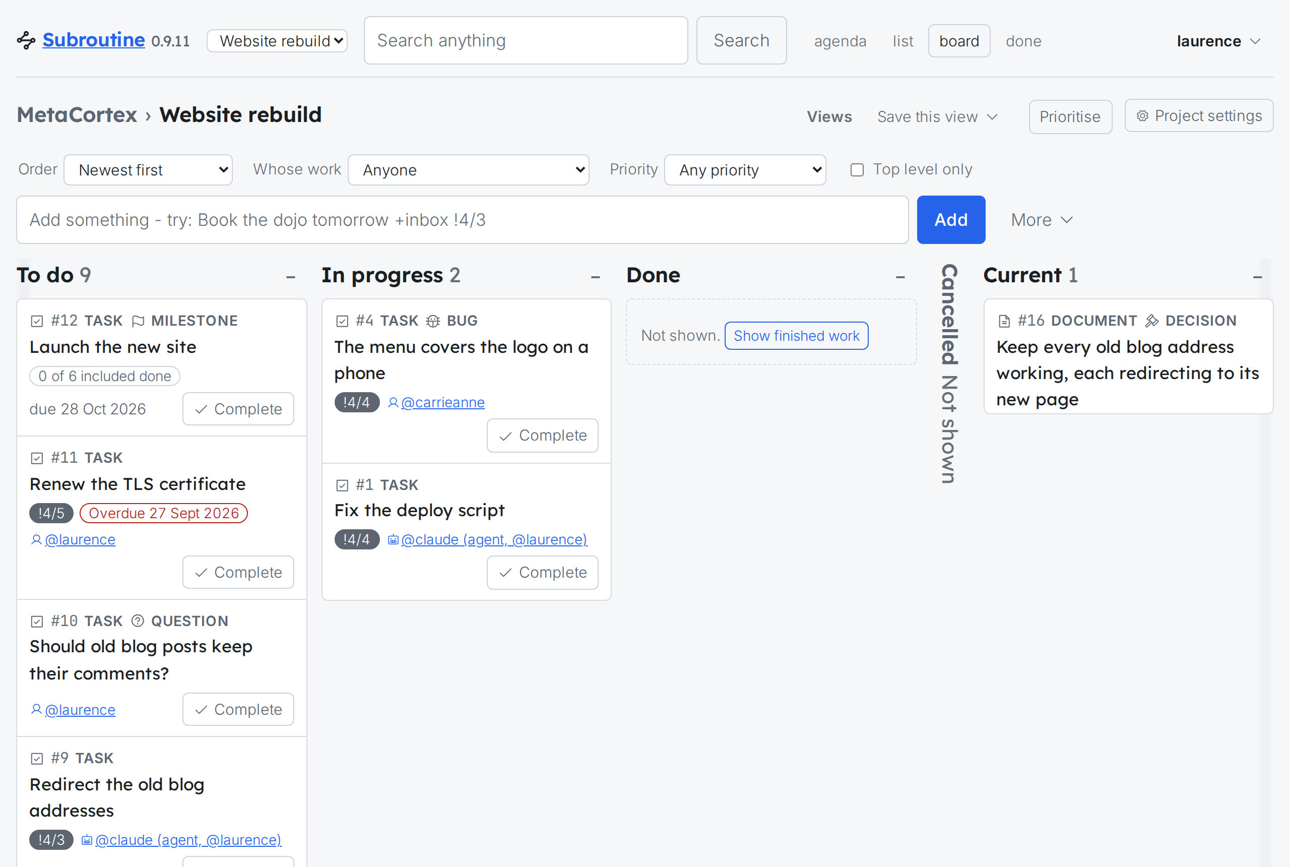 The board of a website rebuild in Subroutine's browser: work to do, in progress and done, with cards assigned to people and to an agent
