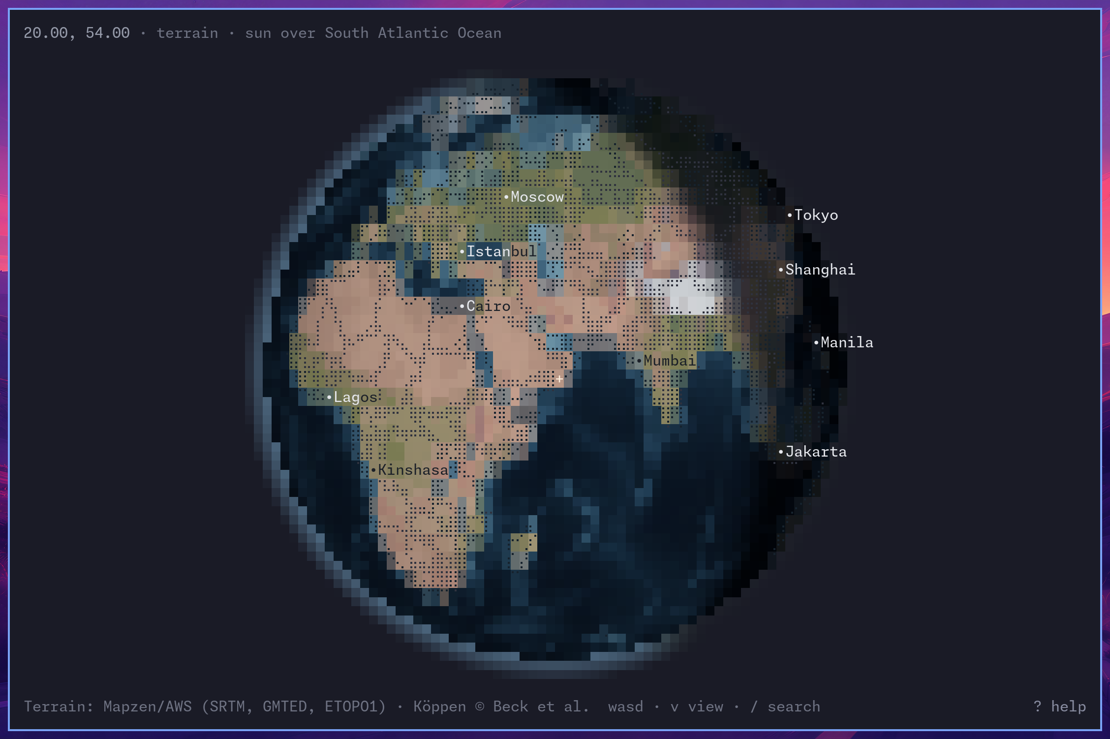 the globe as it is right now: live daylight, the terminator, and the city lights beyond it
