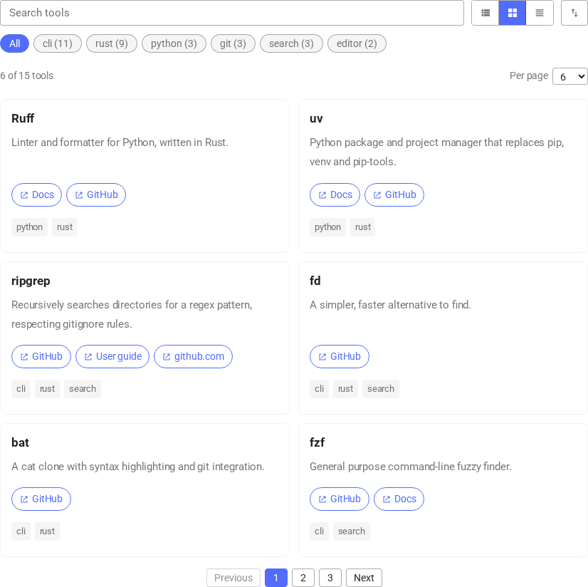 A two-column grid of bordered rounded cards, each with a bold title, a description, outlined link buttons and tag pills. The link rows align across each pair of cards.