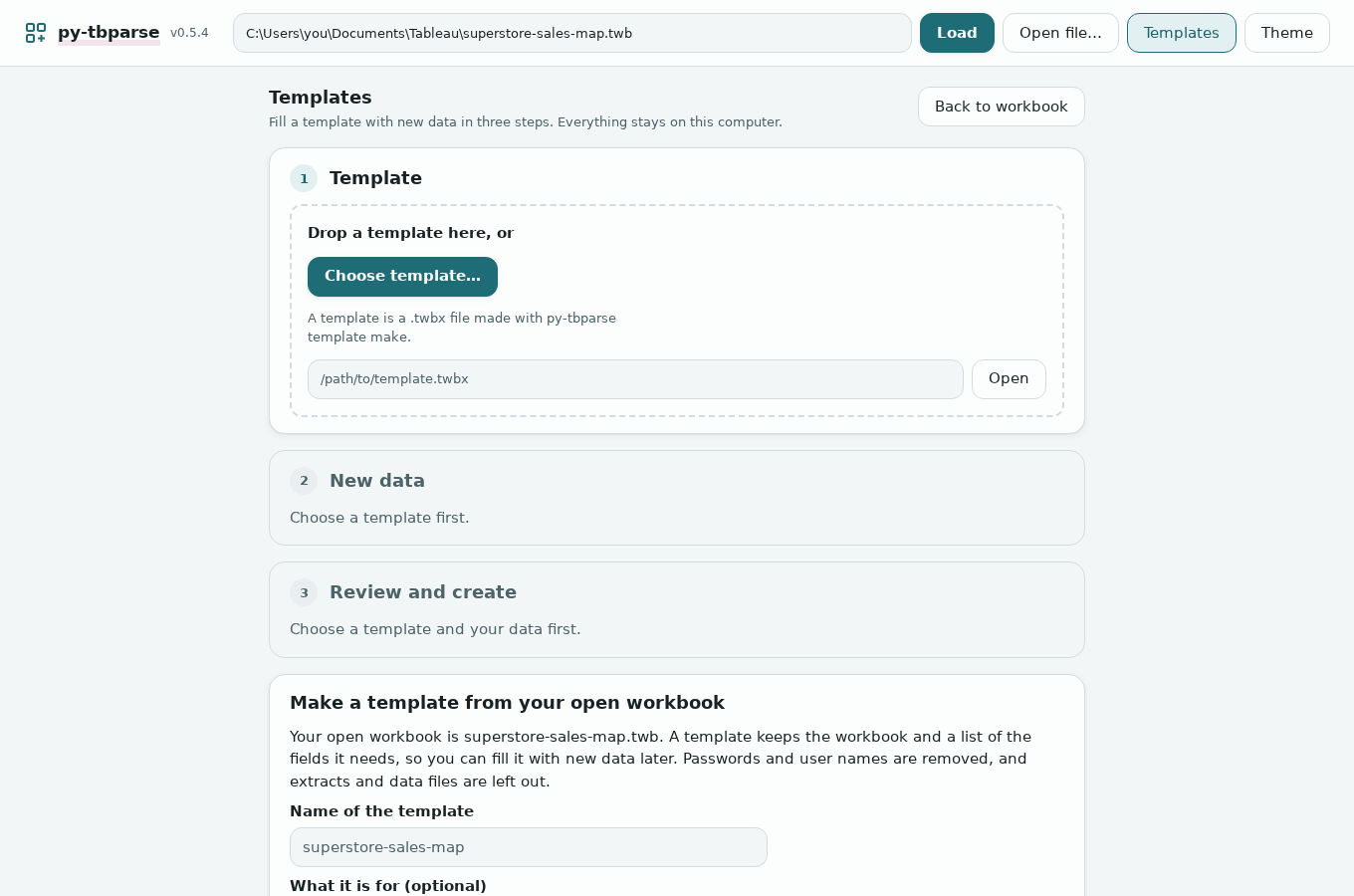 The Templates screen: steps 1 Template, 2 New data and 3 Review and create, then Make a template from your open workbook