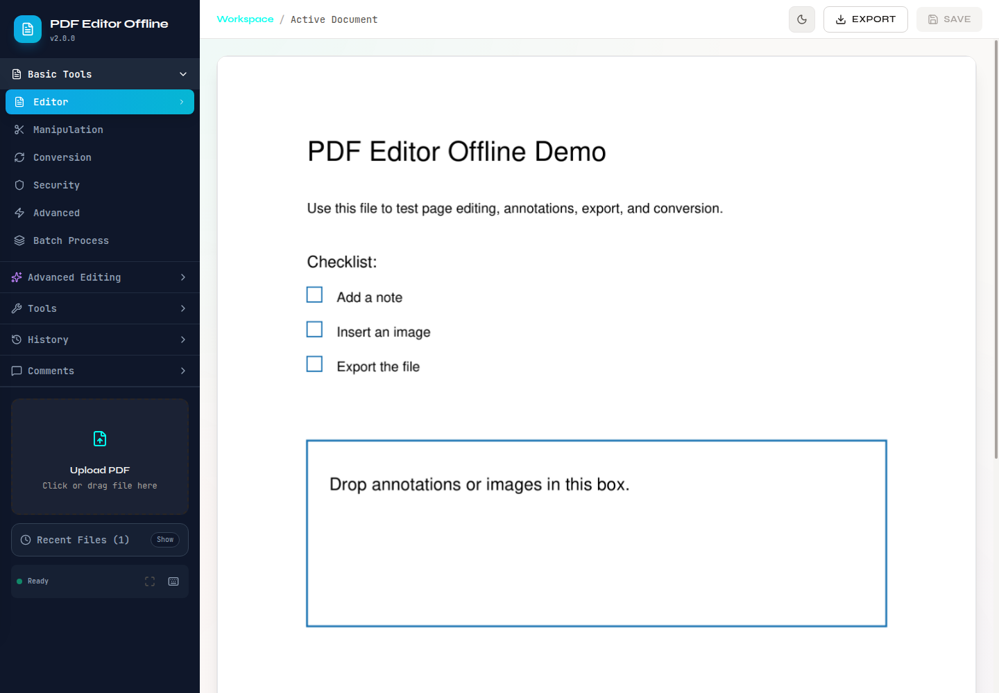 Editor workspace showing demo PDF