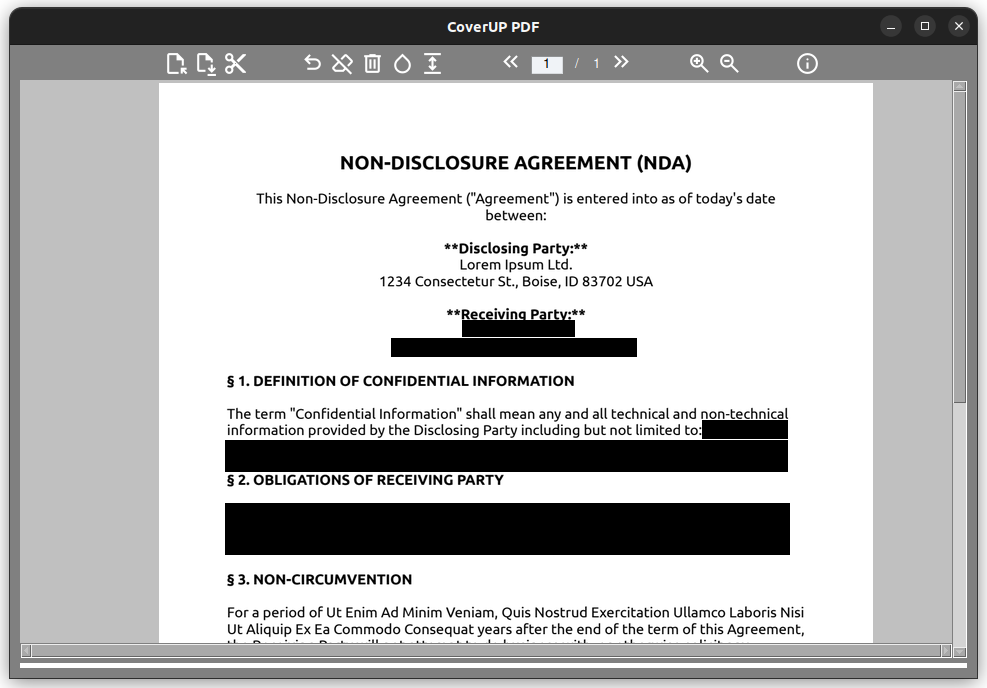 A screenshot of PDF redaction Software | Ein Screenshot der Software zum Schwärzen von PDF-Dokumenten
