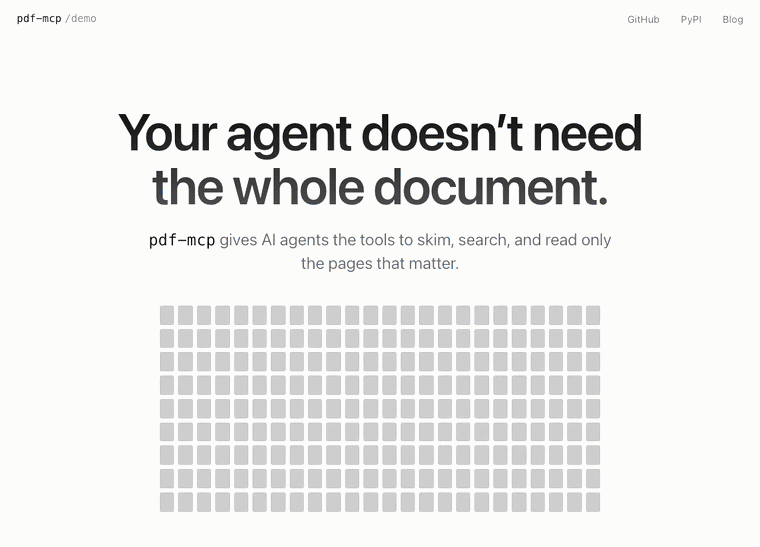 pdf-mcp browser demo: an AI agent maps a 216-page PDF, searches it, and reads only the matching pages — using a fraction of the tokens