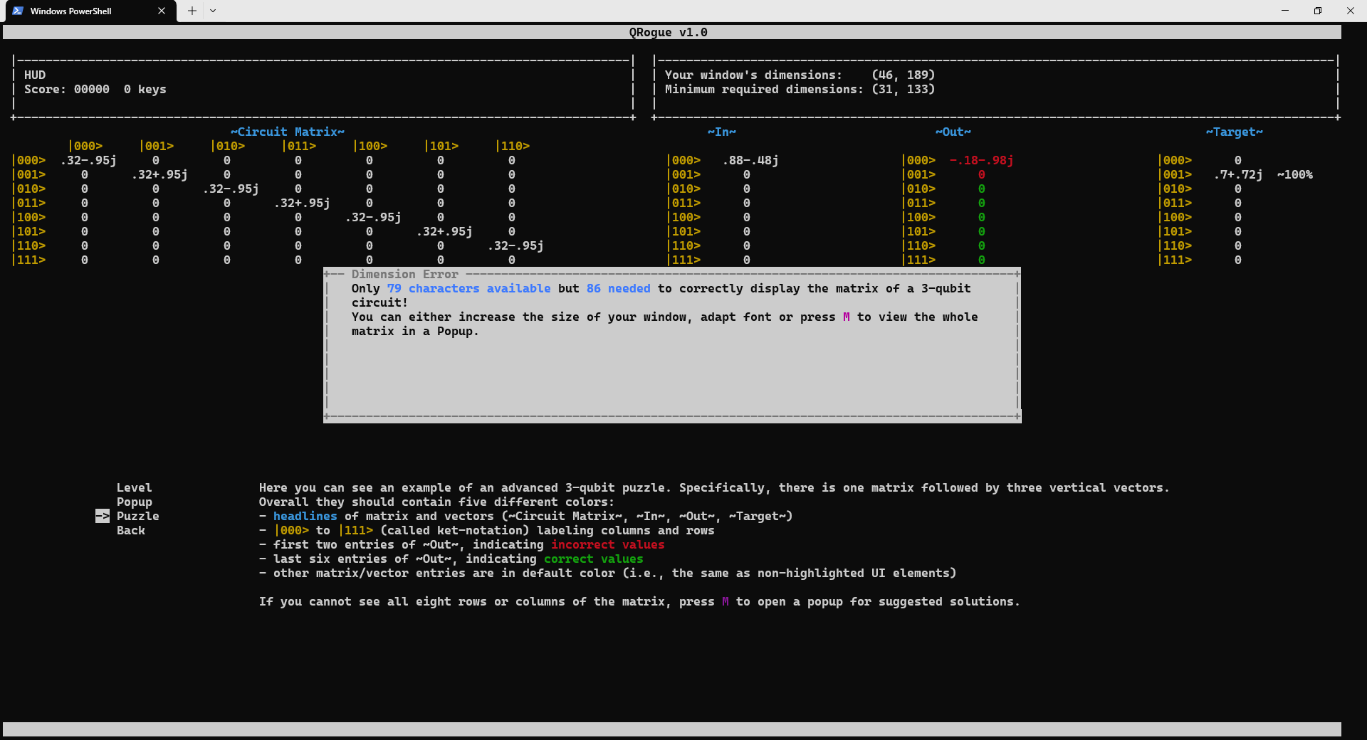 Screenshot of Screen check-menu's puzzle section: matrix dimension.