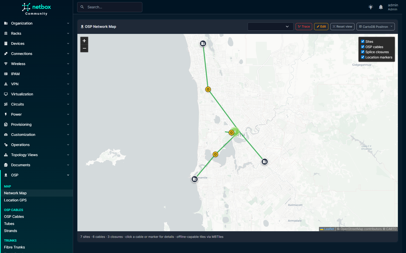 Full-screen network map with cables, splice closures, and Location GPS markers