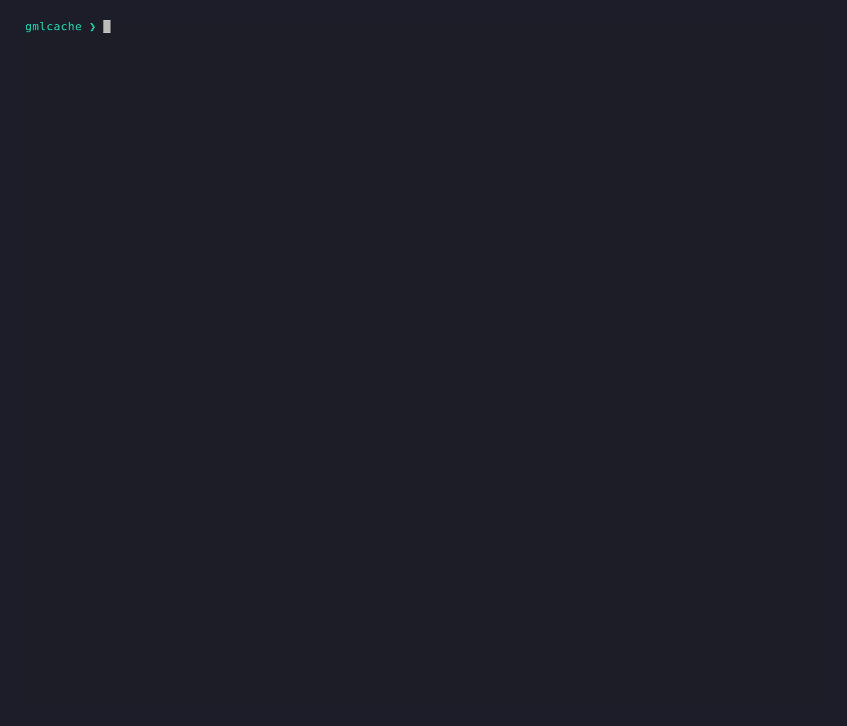 gmlcache --help: the banner and the full command menu