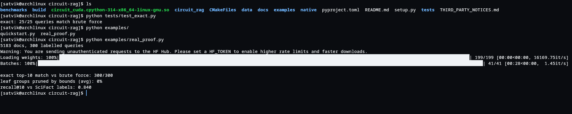 output of tests/test_exact.py and examples/real_proof.py on my rtx 5050 laptop