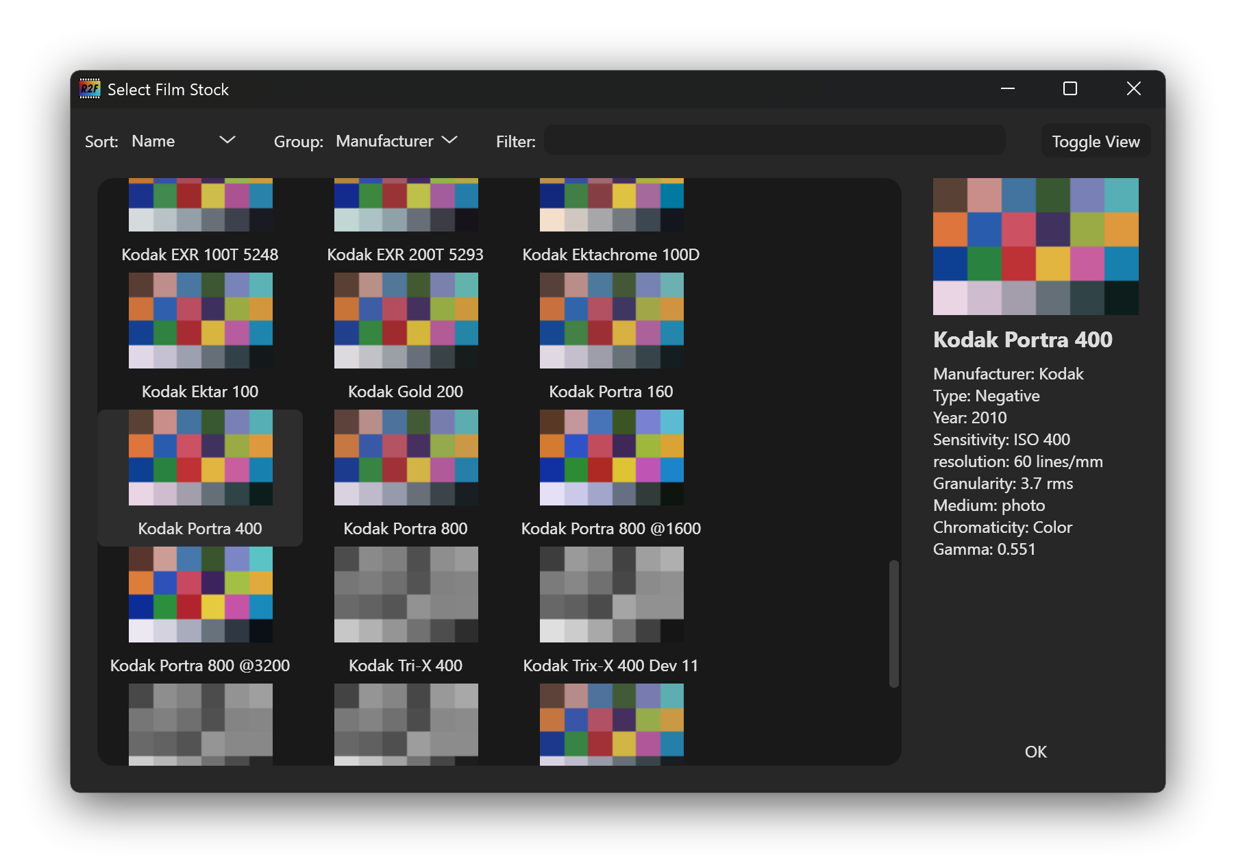 Film stock selection ui