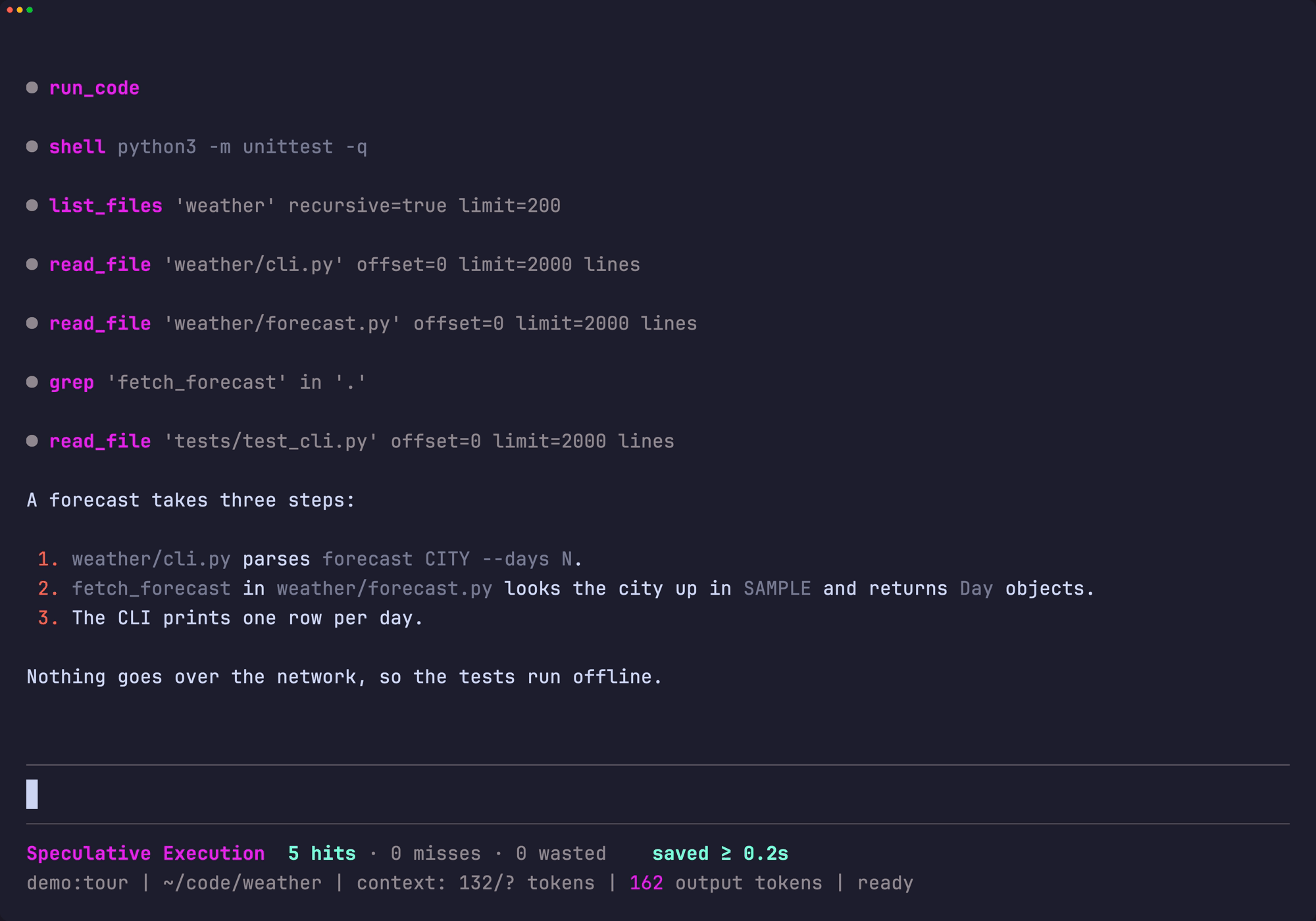 A run_code call reading files, with the Speculative Execution row showing hits