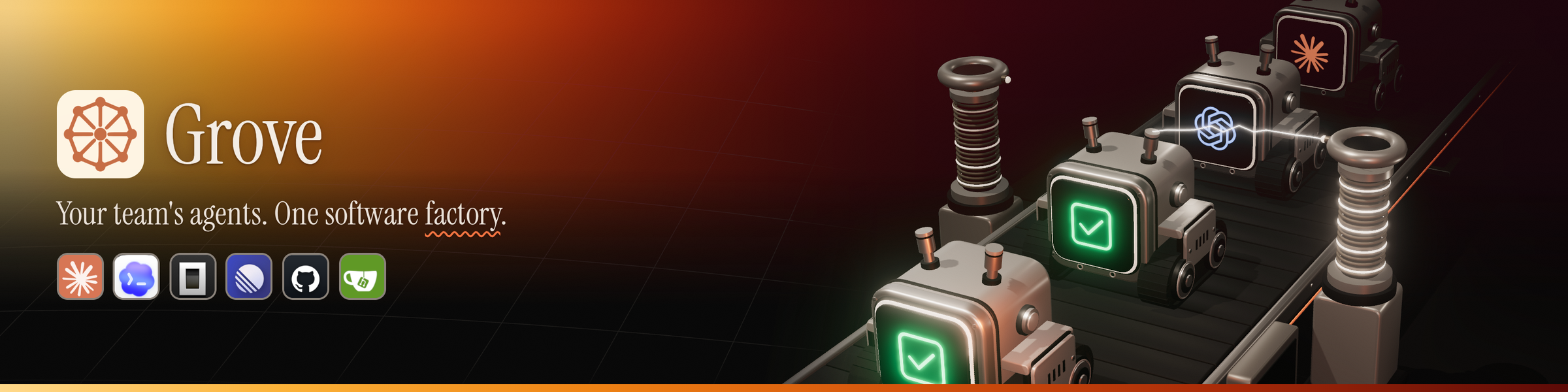 Grove: your team's agents, one software factory. Works with Claude Code, Codex, OpenCode, Linear, GitHub and Gitea.