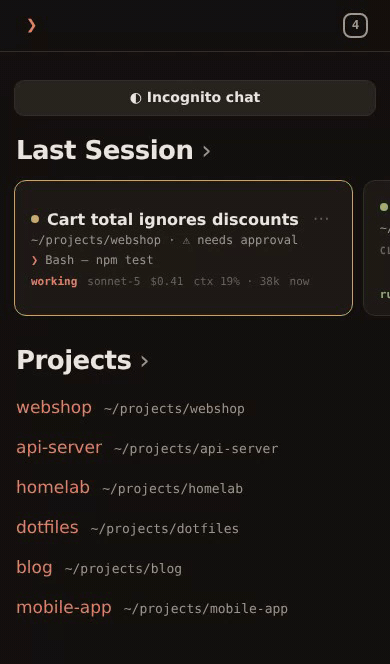 A session waiting for approval: Allow, the tests run, then Tabs