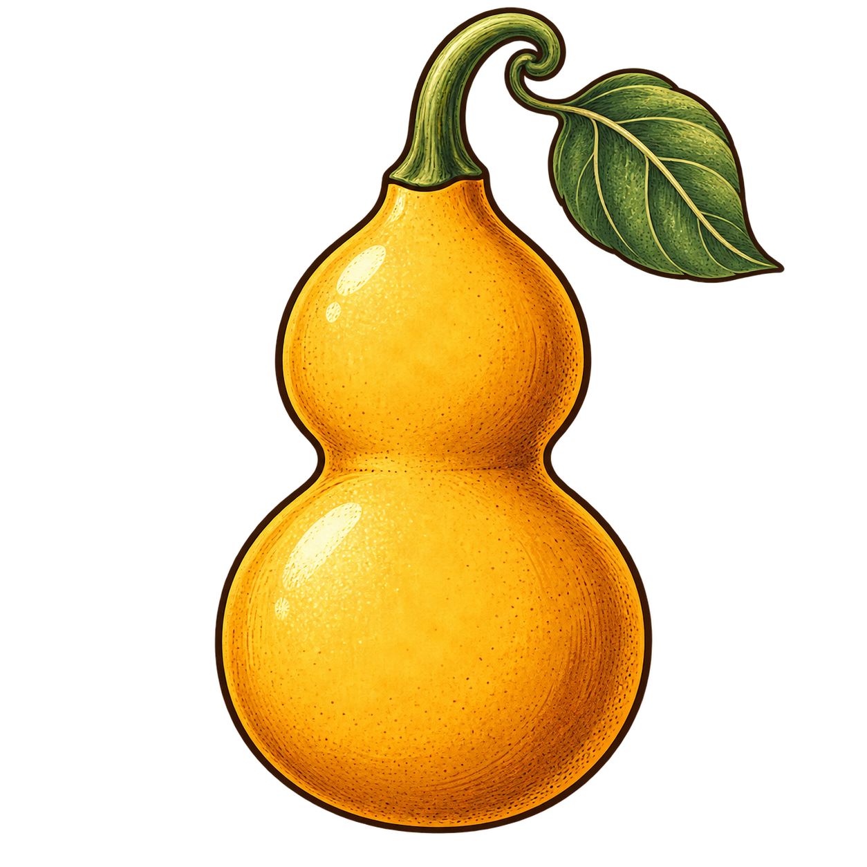 Golden botanical AGCoord gourd with a curled green stem and leaf