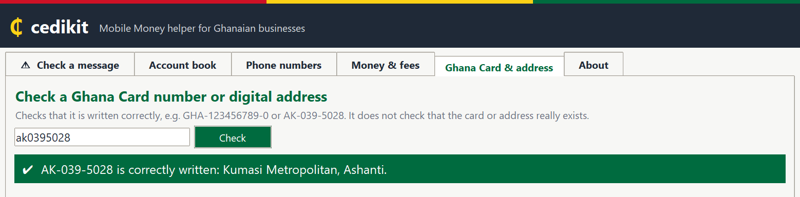 A GhanaPostGPS address checked, with district and region