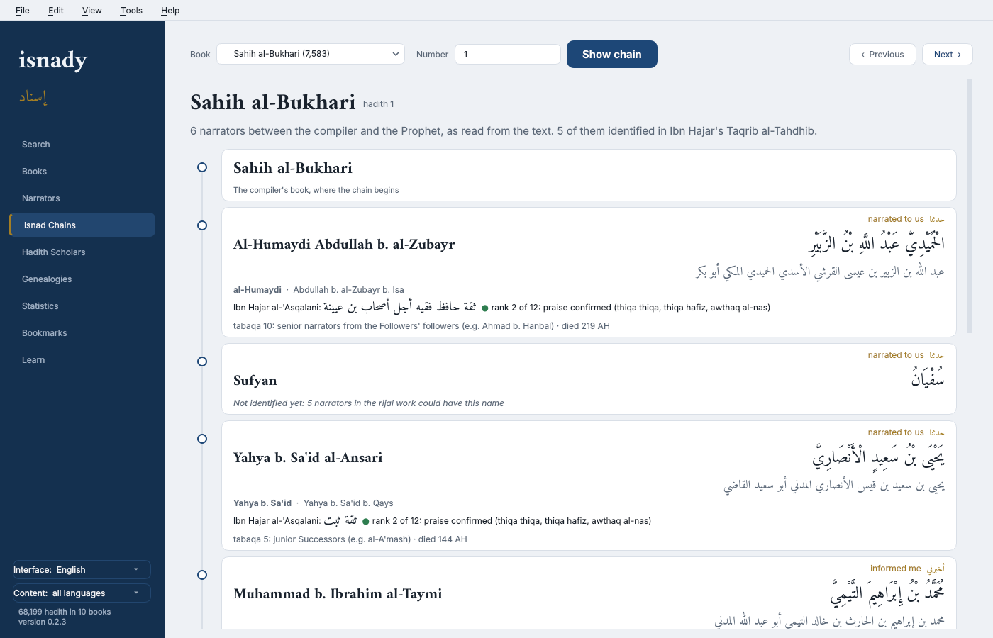 Isnad Chains — the chain of Sahih al-Bukhari 1 as a timeline from the book to the Prophet