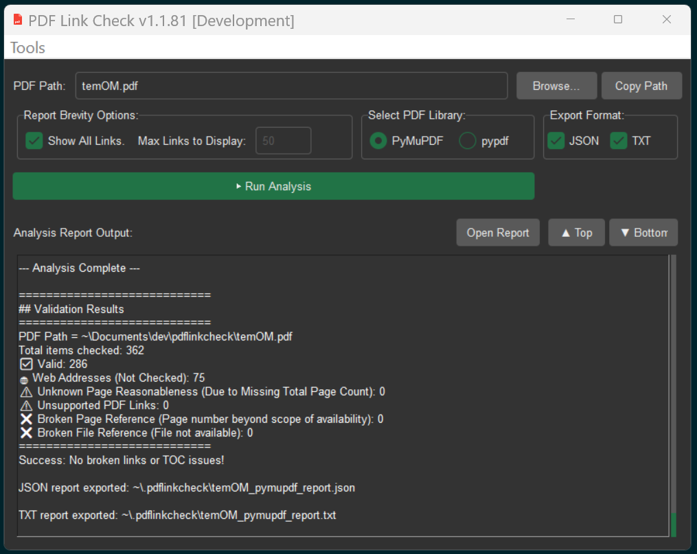 Screenshot of the pdflinkcheck GUI