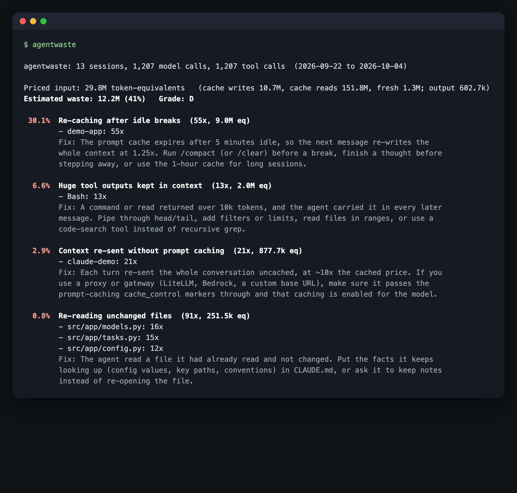 agentwaste report: 41% waste, grade D, with re-caching after idle breaks as the top finding and a fix for each pattern