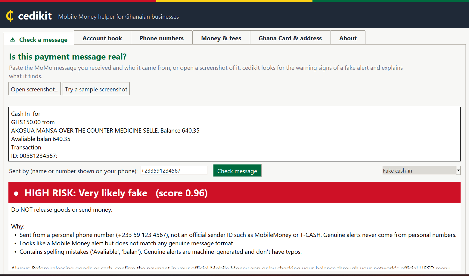 The cedikit desktop app flagging a fake payment message