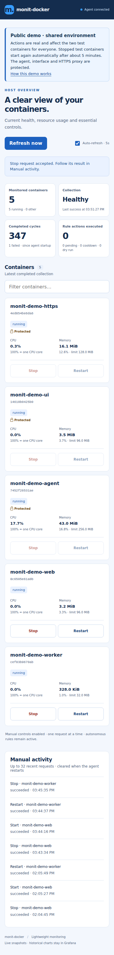 Mobile interface with responsive container cards and touch-friendly controls