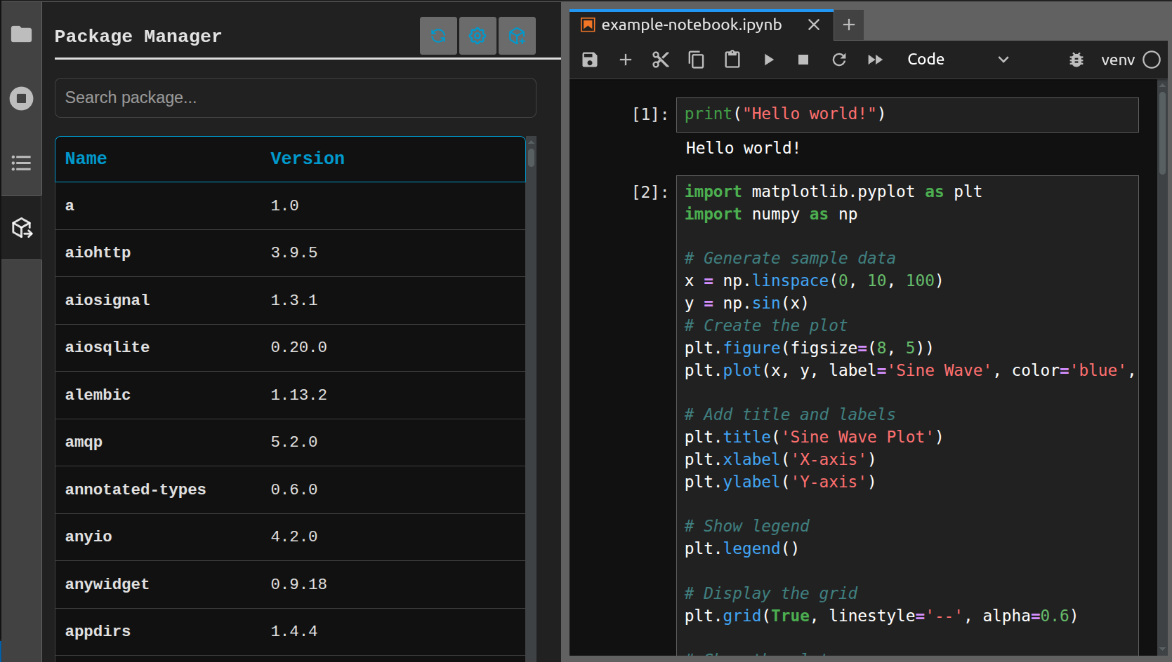 Jupyter Package Manager dark theme