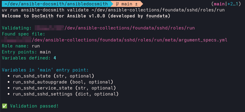 Screenshot: DocSmith CLI, validate; Results for foundata.sshd.run