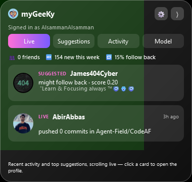 myGeeKy's live panel, docked and translucent, showing the Live tab's scrolling activity feed