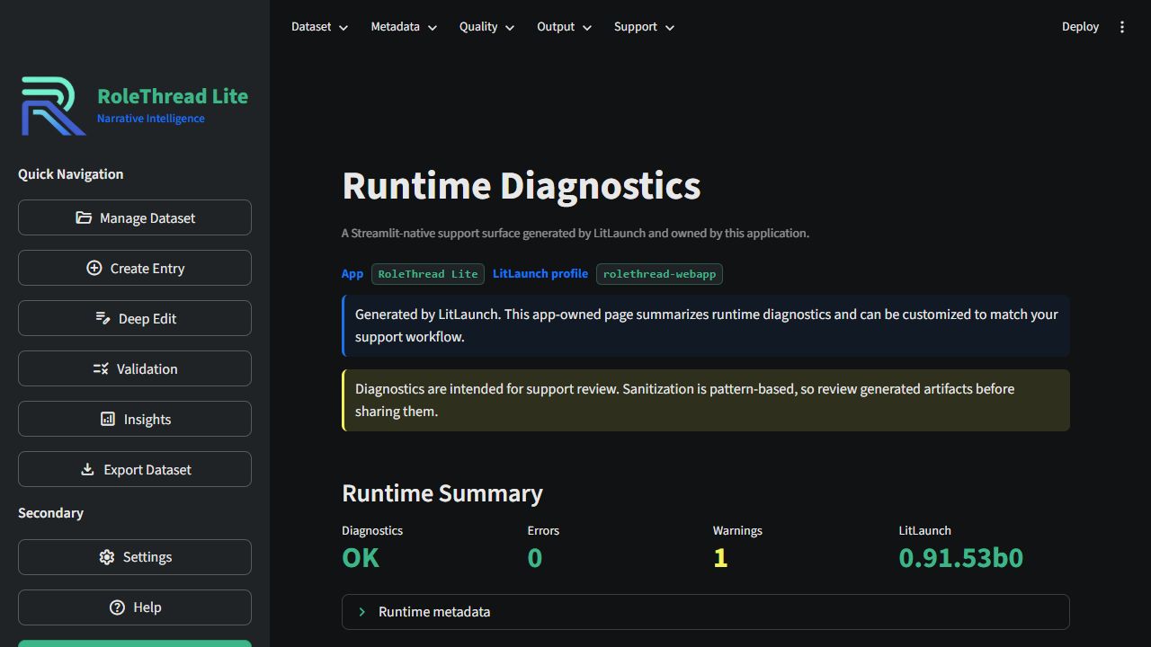 LitLaunch generated diagnostics page overview