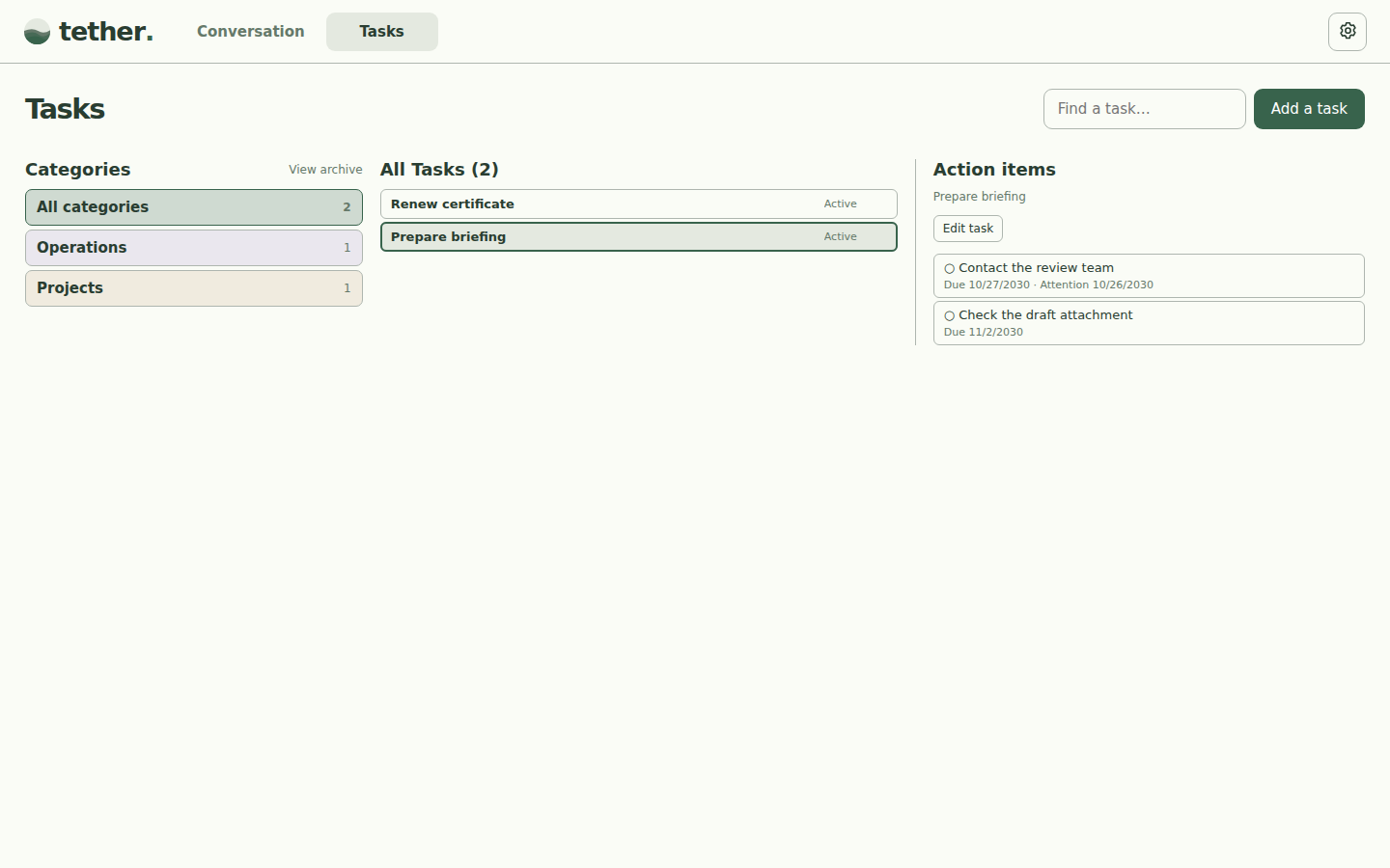 Categories, tasks, and clickable action items