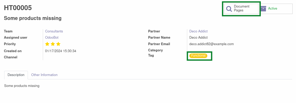 Ticket with "Functional" tag assigned and document page search button