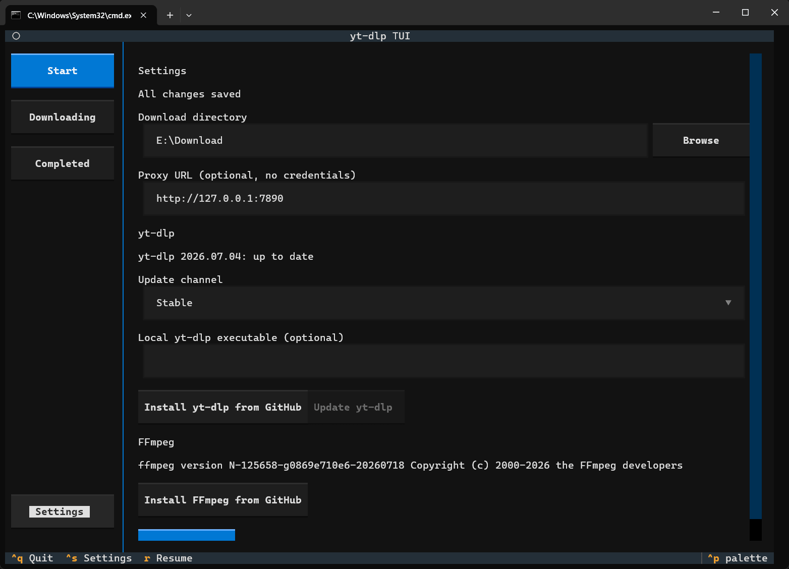 Settings page with download directory, proxy, yt-dlp, and FFmpeg controls