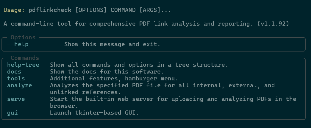 Screenshot of the pdflinkcheck CLI Tree Help