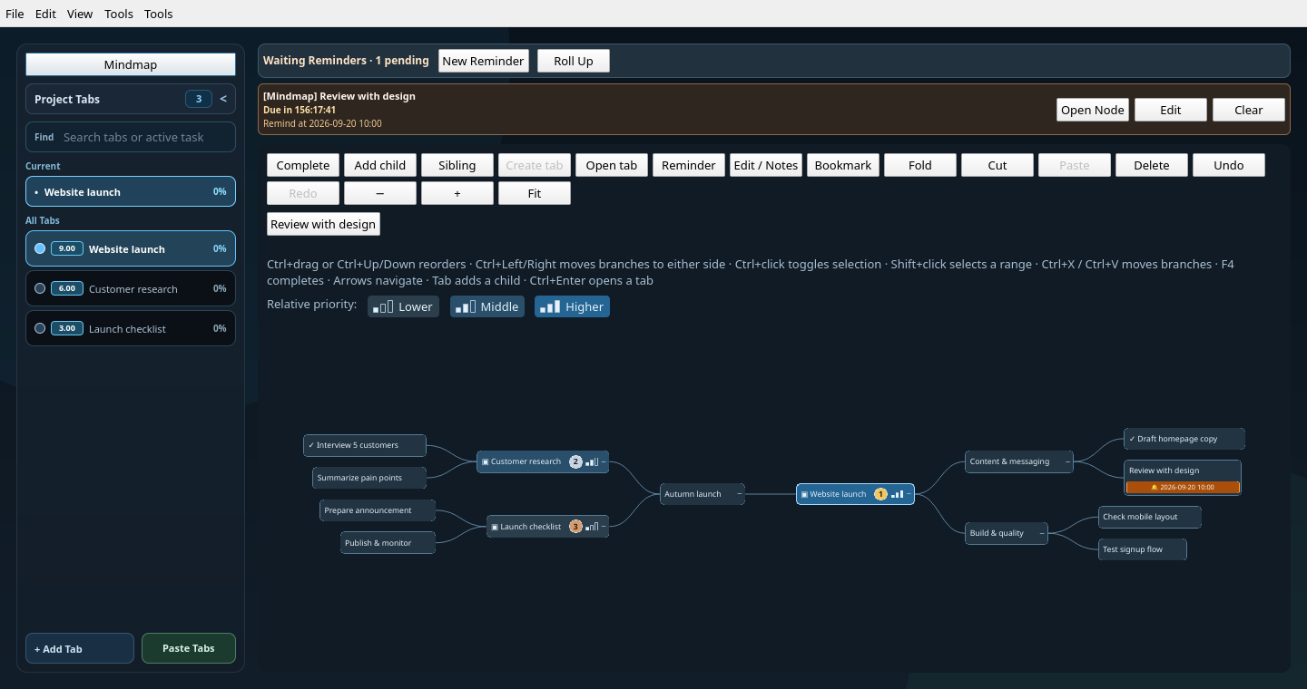 ActionDraw project mindmap showing an autumn launch, with website work, customer research, and a launch checklist