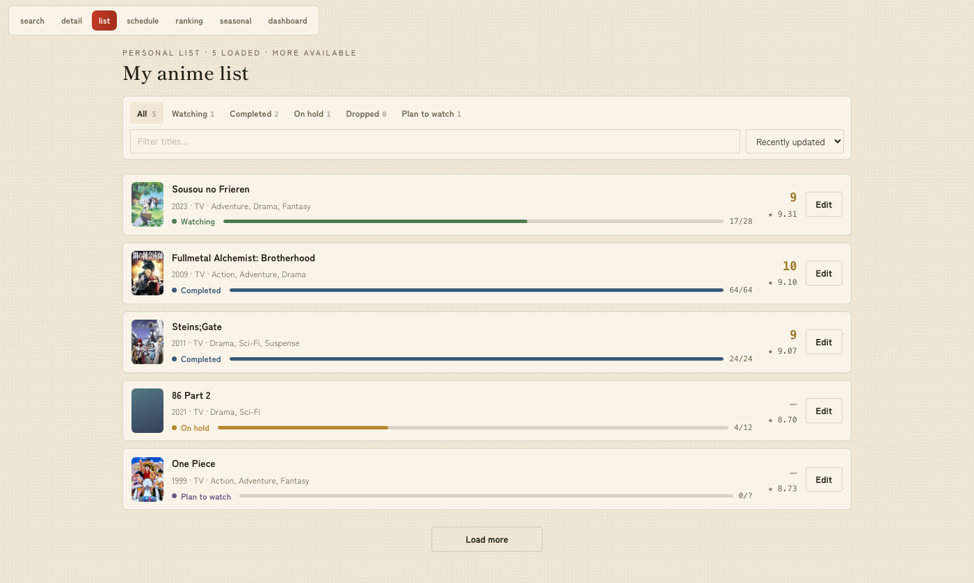 List browser with status tabs, filter/sort, and inline editing