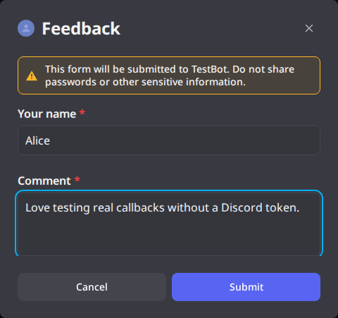 Feedback modal with populated name and comment inputs, Cancel and Submit buttons