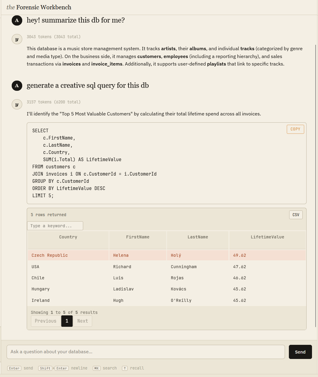 Workbench — question, generated SQL, and paginated results
